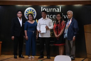 University President Rev. Fr. Cristopher Maspara, OAR(center) receives the ACI recognition from the Commission on Higher Education, together with Dr. Napoleon Juanillo, Jr., Dr. Agnes Sequino, Dr. Jessica Avenido and Dr. Angel Alcala.
