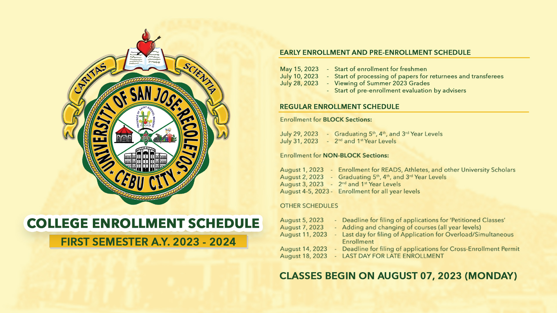 USJ-R publishes schedule of enrollment for AY 2023-2024 first semester